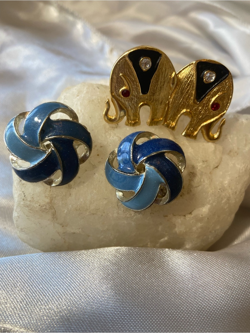 Vintage Gold Elephant and Blue Enamel Knot Clip on Earring Sets